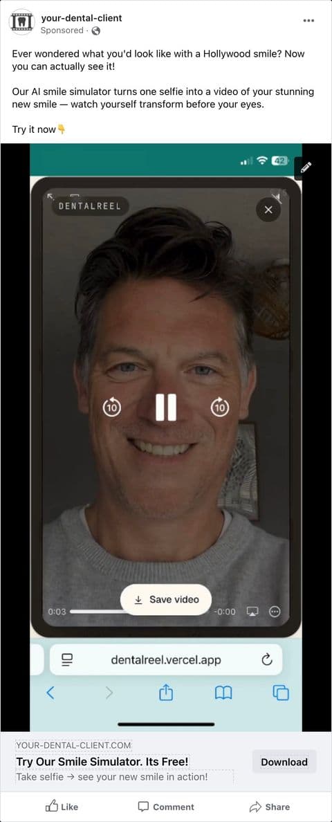 Facebook ad showing the Dentalreel smile simulator video