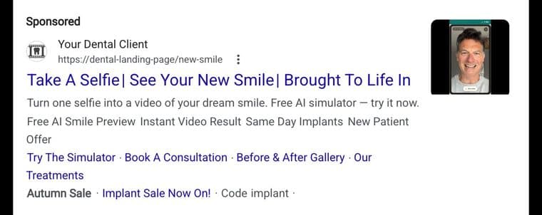 Google search ad for a dental smile simulator